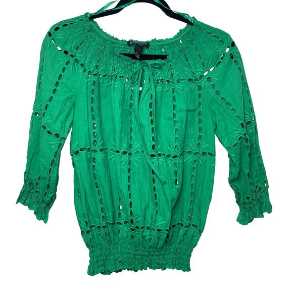 INC INDIAN SUMMER OFF THE SHOULDER GREEN EYELET PEASANT BLOUSE SIZE 6P - Picture 1 of 5